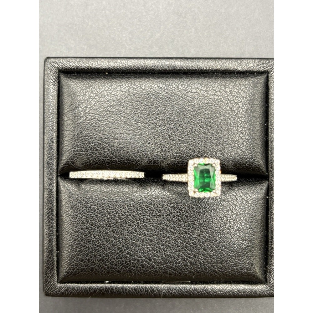 New Condition Sterling Silver Green White Cubic Zirconia Wedding Set Size 7 E6